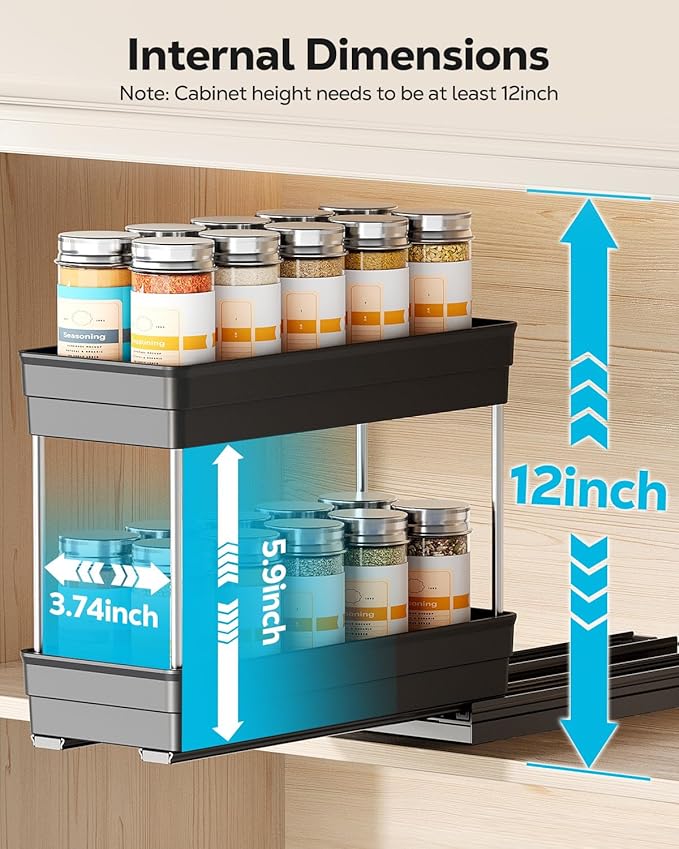 Nieifi Spice Organization for Cabinet-Vertical Spice Rack Pull Out-Spice Rack Organizer for Cabinet-4-1/3 inch Wide-Seasoning Kitchen Organizer-4.3" W x 10.6" D x 8.7" H-2 Pack-2 Tier