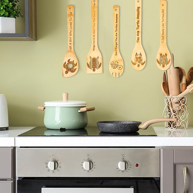 5PCS Turtle Wooden Cooking Spoons Set Turtle Gifts Turtle Kitchen Decor Bamboo Cooking Utensil Spoons Turtle Gifts for Women Kitchen Housewarming Wedding