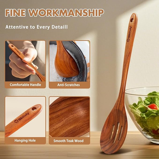 Large Wooden Spoons for Cooking, 2Pack Natural Teak Wood Cooking Spoon Set, Non-Stick Slotted and Corner Spoon, Heat-Resistant Wooden Spatula Spoon for Serving and Mixing