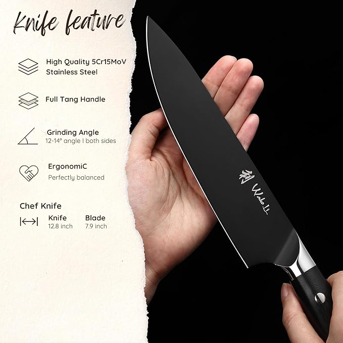 Wakoli Titanium Noir Chef Knife – 7.9-Inch Professional Kitchen Knife | 5Cr15MoV Stainless Steel Blade with Black Titanium Coating | Ergonomic G10 Handle | Multi-Purpose Chef’s Knife in Gift Box