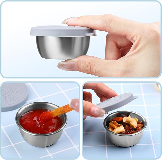 8-Pack Salad Dressing Container To Go, 1-oz Silicone Small Condiment Squeeze Bottles and 1.6 oz Stainless Steel Sauce Containers Cups, Leakproof Condiment Containers with Lids for Lunch Box