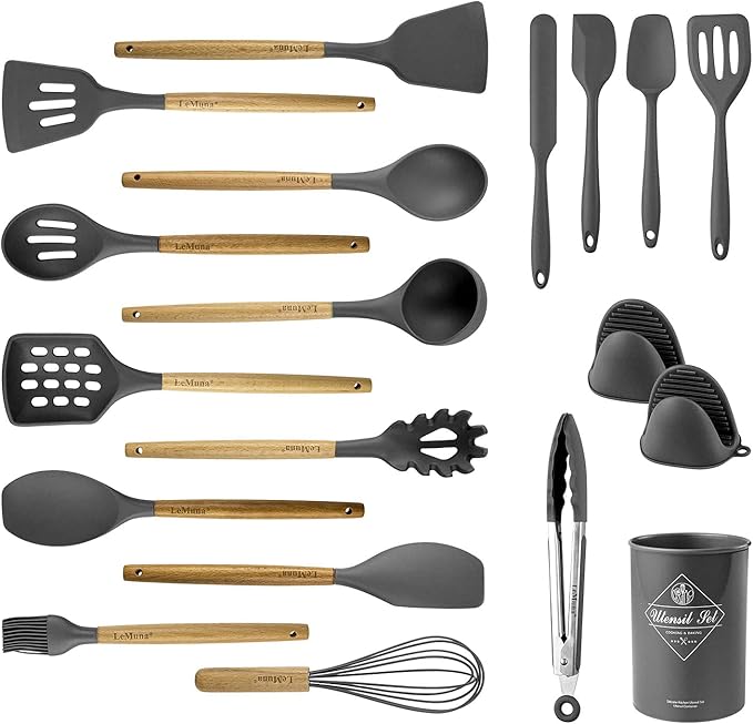 LeMuna Silicone Cooking Utensils Set, Kitchen Utensils for Cooking with Holder, Wooden Handle Silicone Utensils Spatula Set, Heat Resistant, BPA Free, Non Toxic Kitchen Gadgets, Gray