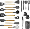 LeMuna Silicone Cooking Utensils Set, Kitchen Utensils for Cooking with Holder, Wooden Handle Silicone Utensils Spatula Set, Heat Resistant, BPA Free, Non Toxic Kitchen Gadgets, Gray