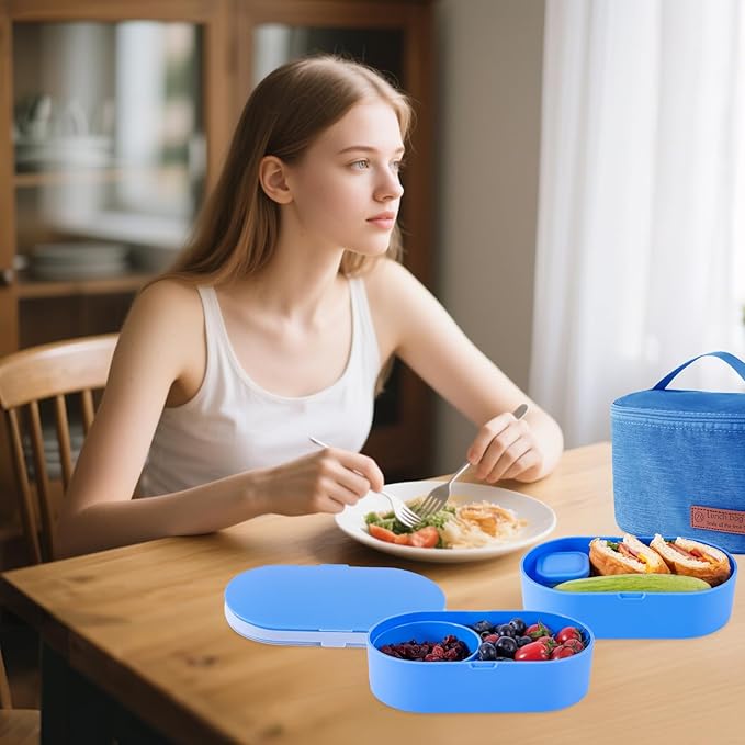 Bento Lunch Box Set -2 Stackable Adult And Women's Lunch Boxes - Including Lunch Bag, Leak Proof And Bisphenol Free A - Built-In Cutlery Set - Dishwasher Safe (Blue)