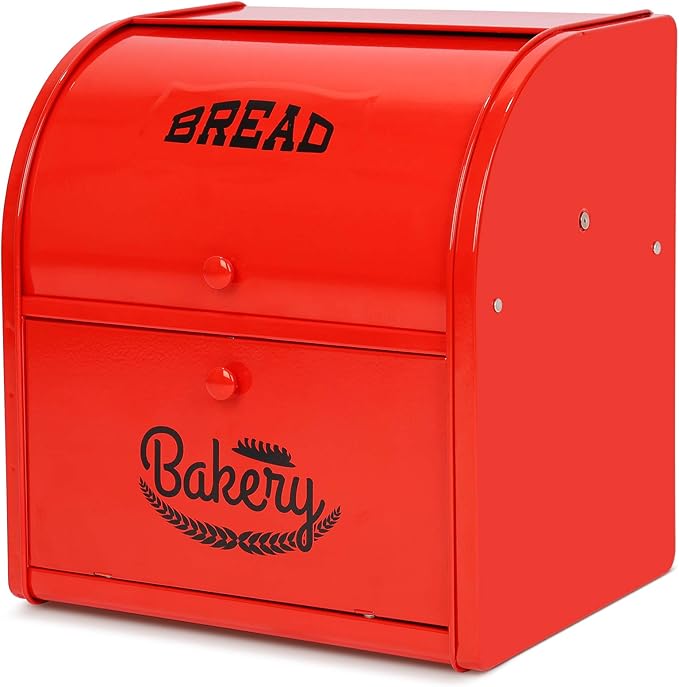 2 Layer Metal Bread Boxes, Bread Box Storage Bin Kitchen Container with Roll Top Lid Iron Countertop Containers Metal Food Storage Bread Keeper Large Capacity Home Kitchen Counter（Red）