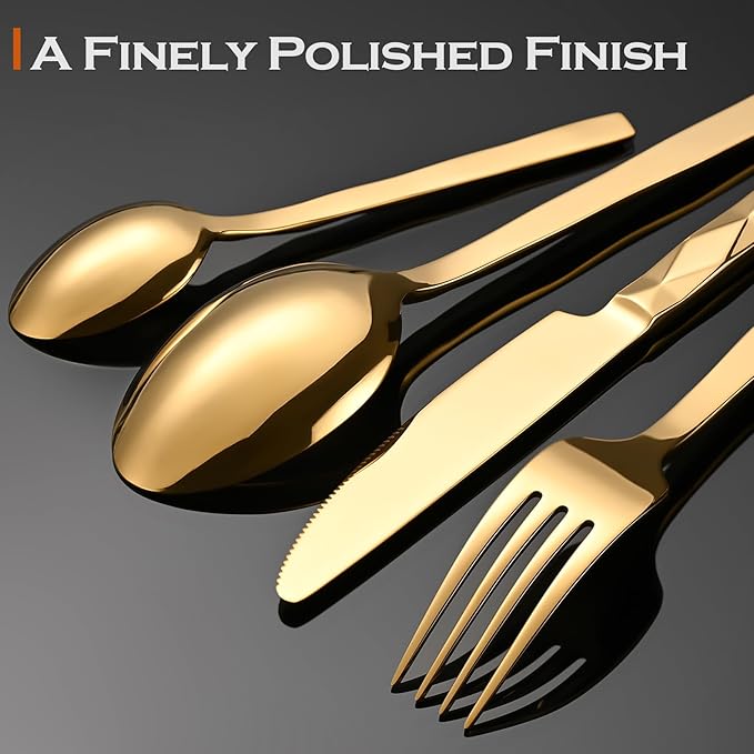 Gold Silverware Set, Luxury 20-Piece Flatware Set for 4, Cutlery Set Stainless Steel, Diamond Cut Pattern, Home, Wedding & Party, 18/10 Stainless Steel Tablewaret & Dishwasher Safe Utensils.