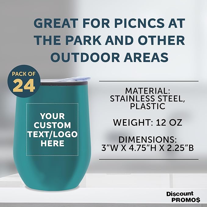 Custom Stemless Wine Tumblers 12 oz. Set of 24, Personalized Bulk Pack - Insulated, Perfect for Wine, Cocktails, Other Hot & Cold Beverages - Teal