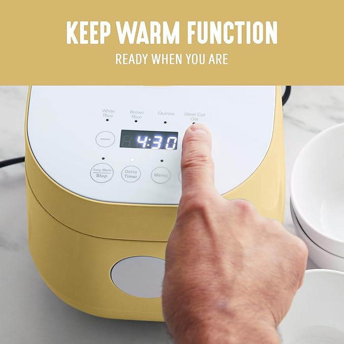 GreenLife Digital Rice Cooker, 2-Cups Uncooked/4-Cups Cooked, Removable Nonstick Ceramic PFAS-Free Pot, One-Touch Presets, Oats, Quinoa, Brown Rice, Auto Keep Warm, Fuzzy Logic Tech, 1.5QT, Butter Yellow