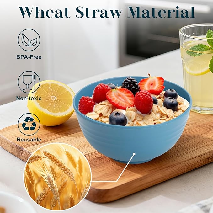 Bowls for Kitchen 8 PCS, Unbreakable Wheat Straw Bowl 26 OZ, Alternative to Plastic Bowls Reusable, Microwave and Dishwasher Safe Serving Bowl for Dinner, Breakfast, Outdoor - Blue
