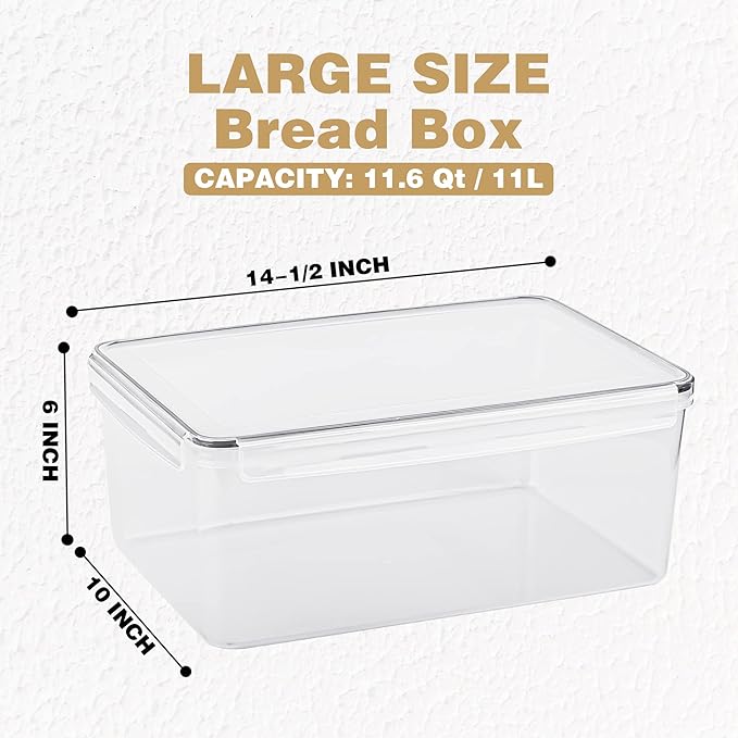 Tiawudi 2 Pack Large Bread Box for Kitchen Countertop, Airtight Bread Storage Container for Homemade Bread and Bakery Loaf, Plastic Bread Keeper, 11.6 Qt / 11L Each