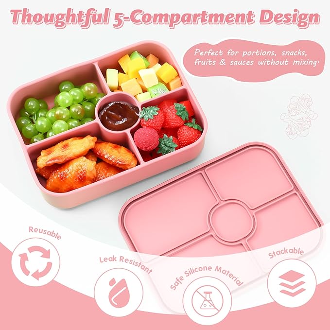 4 Pack Silicone Bento Boxes for Adults, 5 Compartment Reusable Lunch Containers with Sauce Section, Leakproof Meal Prep Snack Box Microwave & Dishwasher Safe for Work School Office(Dark Color)