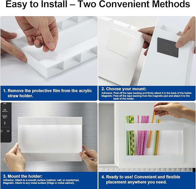 Upgraded Acrylic Straw Holder for Cabinet Door, Fridge & Countertop–Magnetic/Adhesive Dual Mount, Strong Hold, Space-Saving Straw Organizer with Adhesive Tape, Magnetic Sheet