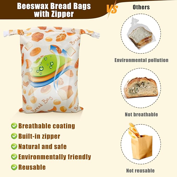 Reusable Beeswax Bread Bags for Homemade Bread Sourdough, XL Eco-Friendly Fresh Food Storage with Buckle & Zipper, Moisture Lock, Keeps Bakes Fresh Longer (2 Pack)