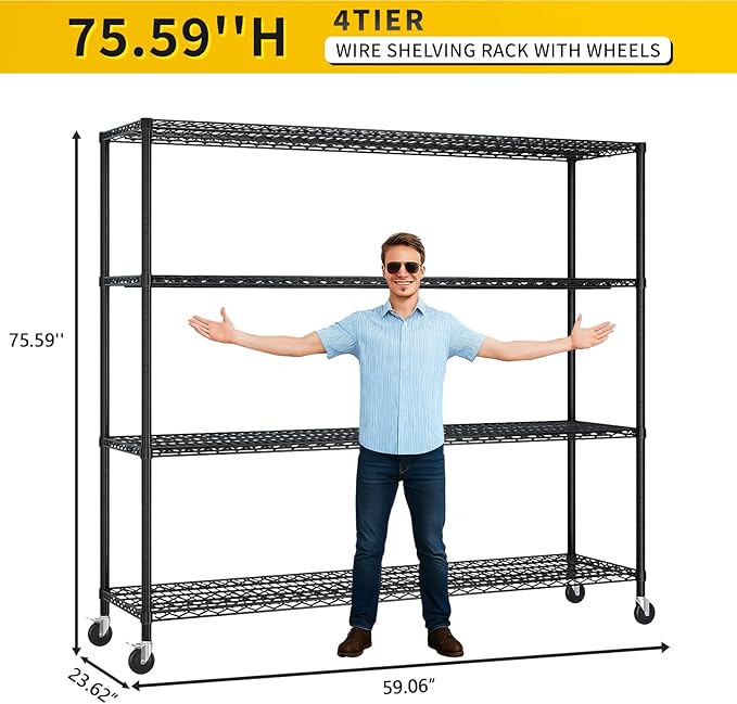 Karl home 4-Tier Adjustable Metal Storage Shelves, Wire Shelving Unit with Wheels & Leveling Feet, Heavy Duty Garage Shelving, Pantry & Kitchen Display Shelf Organizer, Home Storage Rack
