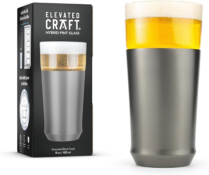 Elevated Craft Hybrid Vacuum Insulated Stainless Steel Base with Removable Pint Glass Insert, Ideal Insulation for Beers & Cold Beverages with Built-in Bottle Opener, Durable & Stylish, Black (16 oz)