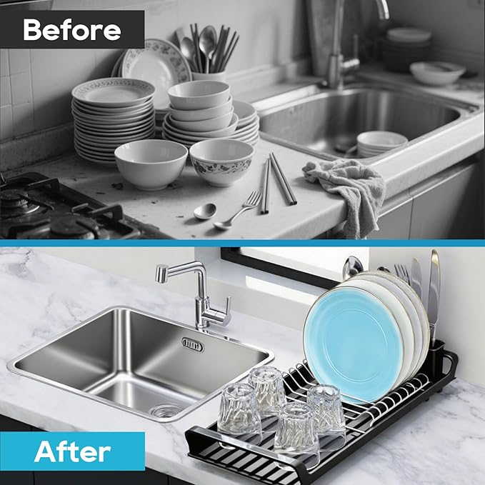 Small Expandable Dish Drying Rack – Compact & Space-Saving – No Spout, No Leaks – Durable, Rust Resistant & Easy to Clean – Ideal for Kitchens, Apartments & RVs – Extend 10.9 to 18.6 inches (Black)