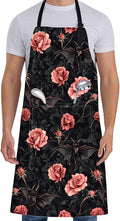 Gothic Apron for Women Men with Bat Rose,28x33in,Goth Kitchen Dark Aprons with 2 Pockets, Oxford Fabric,Halloween Adjustable Apron for Cooking Baking Gardening Chef,Gifts for Mom Wife