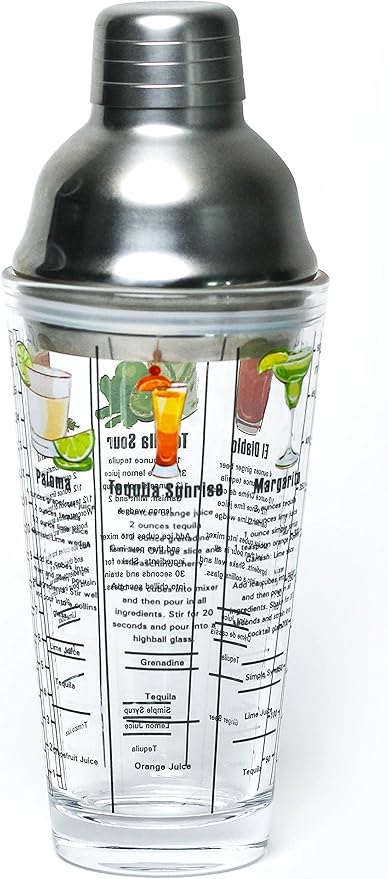 14 oz Recipe Glass Cocktail Shaker With Strainer Top - Includes 6 Cocktail Drink Recipes (Tequila Theme)