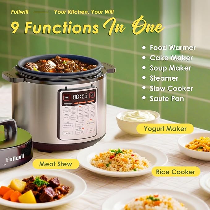 Fullwill 9-in-1 Electric Pressure Cooker(2025 Upgraded), 12 Presets Instant Multi Cooker, Olla de Presion Nonstick Pot 6 Quarts