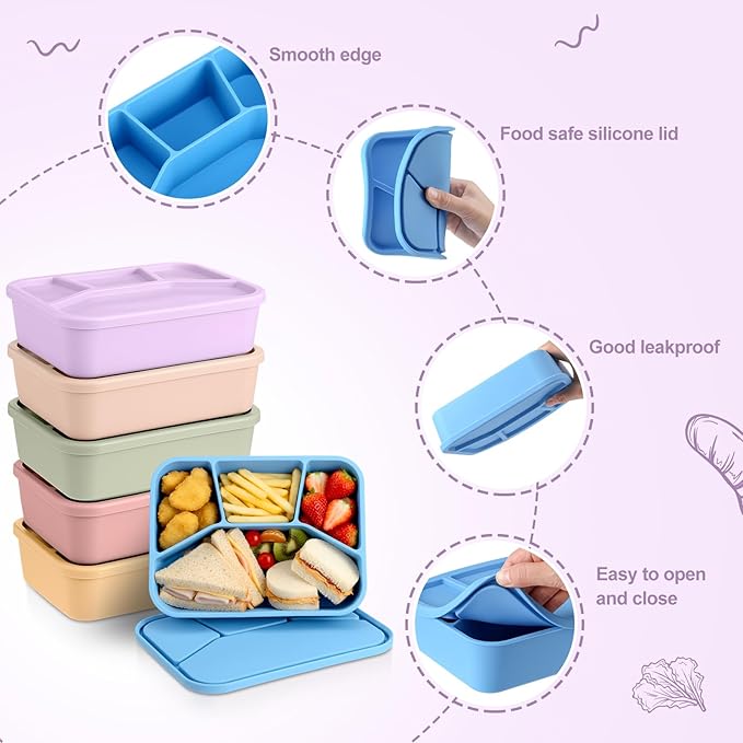 Honeydak 6 Pcs Silicone Bento Box Reusable Lunch Container 4 Compartment Snack Boxes with Lid Smooth LeakProof Rectangle Food Boxes for Adult Work Travel Food Storage (Bright Color)