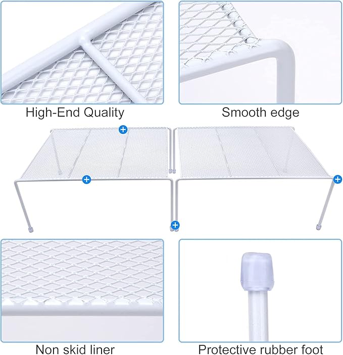Set of 4 Mesh Kitchen Shelves Cabinet Storage Shelf Rack (13.1 x 10.2 Inch) ，Kitchen Bathroom Pantry Cupboard Desk Home Office, Fridge, Cabinet, Bathroom Cupboard, Non-Slip Plastic Feet (4, White)