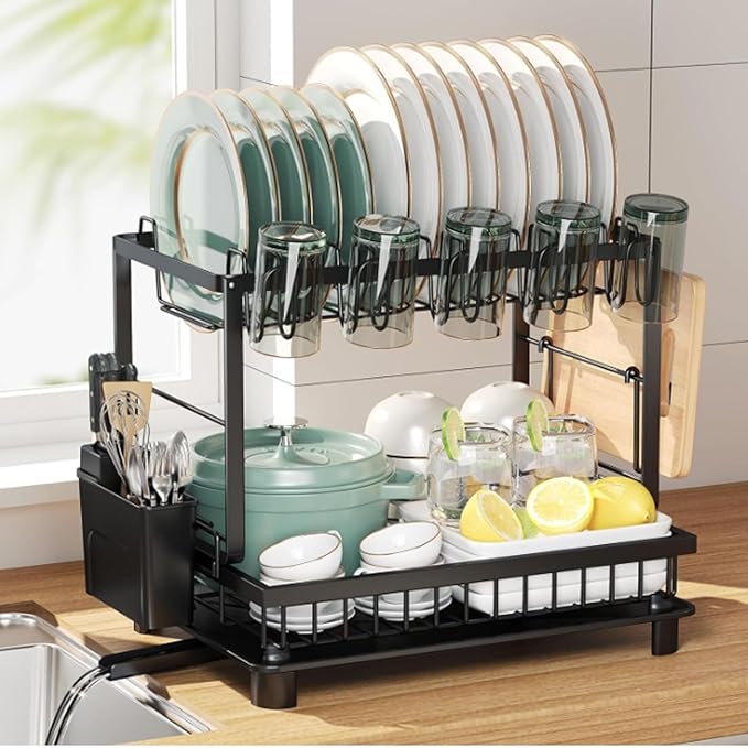 2 Tier Dish Racks for Kitchen Counter and Sink - Large Dish Drying Rack with Drainboard & Utensil Holders - Stainless Steel Dish Drainers Kitchen Organization and Storage for Space Saving (Black)