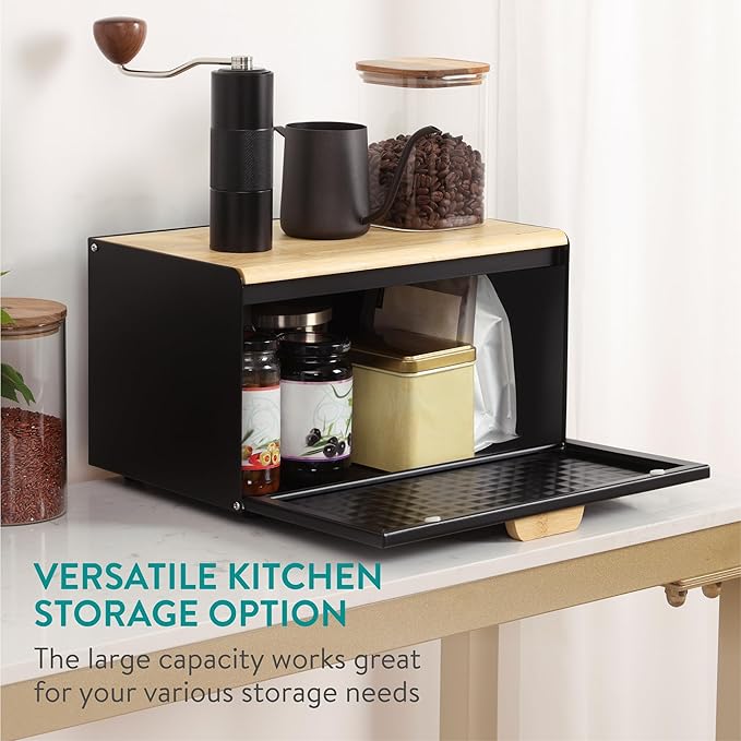 Navaris Metal Bread Bin Container with Bamboo Lid - Large Aesthetic Black Bread Bins for the Kitchen - Bread Box Containers for Small Items Storage - Bread Storing Bin Set