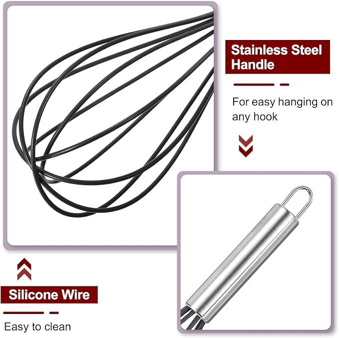 HARFINGTON 5Pcs Silicone Whisk 12" Kitchen Whisk Wire Whisks Beater with Stainless Steel Handle for Egg Milk Whisking Blending Beating & Stirring, Black