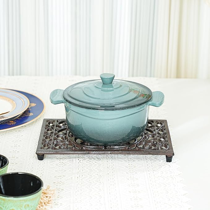 Sungmor Rectangle Cast Iron Trivets, Metal Trivet for Hot Pots and Pans, Heavy Duty Rustic Wood Stove Tea Pot Trivet, Decorative Hot Pot Holder for Kitchen Counter and Dining Table, Intricate Pattern