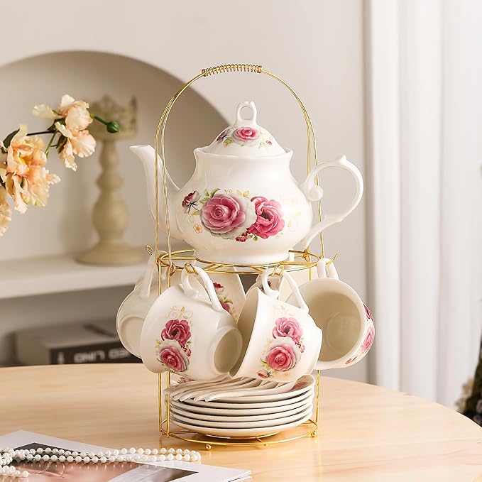 20-Pieces Porcelain Tea Sets For Women, Tea Set For Adult with Golden Metal Rack,Tea Gift Sets for Home&Party(014)