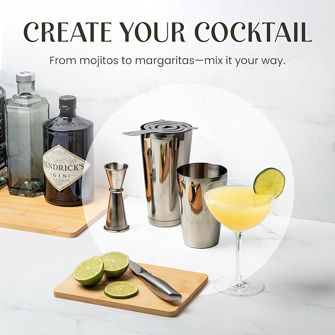 Mixology Cocktail Shaker Boston Shaker Set Professional Weighted Martini Shakers, Strainer and Japanese Jigger, Portable Bar Set for Drink Mixer Bartending, Exclusive Recipes Cards (Silver)