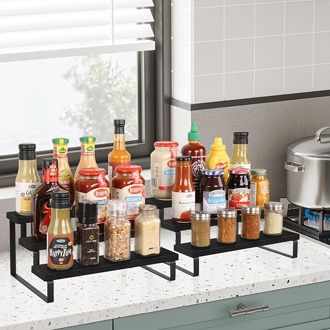 YINMIT Wooden Display Riser Stand, Tiered Perfume and Cologne Organizer Stand, 3 Tier Spice Rack Organizer, Rustic Display Shelf for Candles (3 Tier,2Pack,Black)