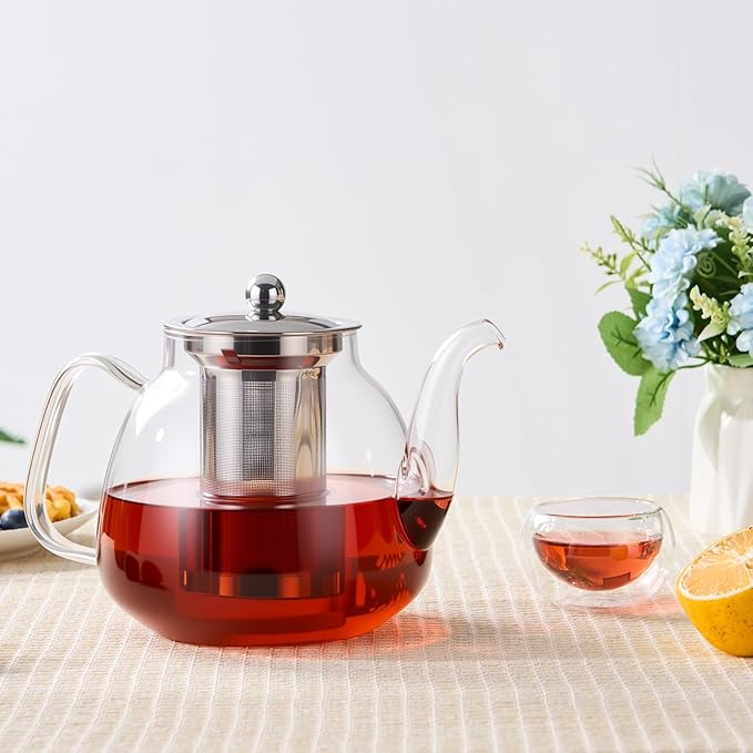 PARACITY Glass Teapot Stovetop 40 OZ/1200ml, Tea pot with Removable 18/8 Stainless Steel Infuser, Borosilicate Clear Tea Kettle, Teapot Blooming and Loose Leaf Tea Maker Tea Brewer for Camping
