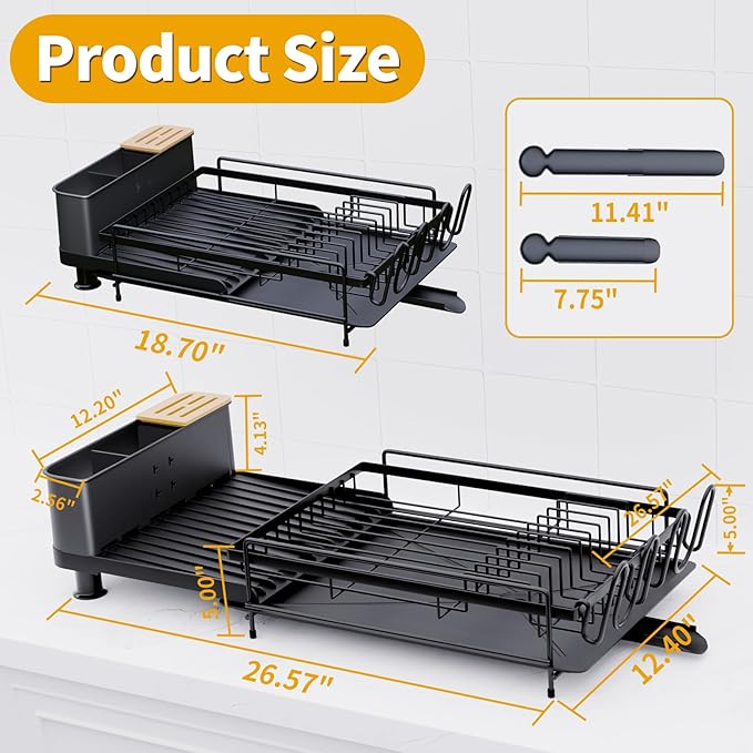 Expandable Dish Drying Rack, Dish Drying Rack for Kitchen Counter with Removeable Cutlery Holder, Double Rustproof & Sturdy Auto-Drain Multifunctional Organizer for Plates, Cups, Knife Fork Storage