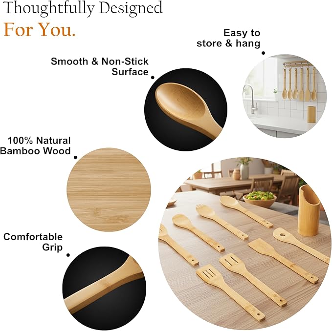 Bamboo Spoons for Cooking - Set of 8 Spoons with Holder - Wooden Cooking Spoons - Non-toxic & Organic Bamboo Cooking Utensils with Spoon Set & Spatula - Premium Kitchen Utensils