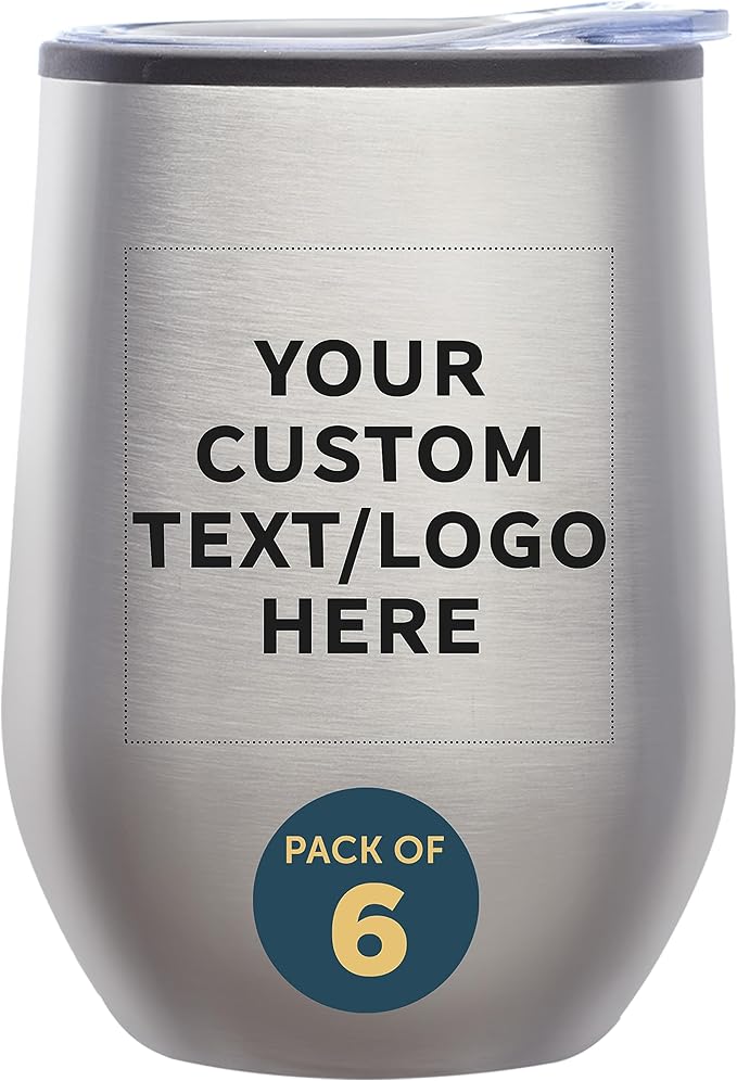 Custom Stemless Wine Tumblers 12 oz. Set of 6, Personalized Bulk Pack - Insulated, Perfect for Wine, Cocktails, Other Hot & Cold Beverages - Silver