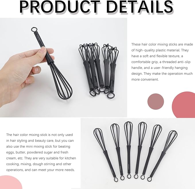 6PCS Mini Plastic Whisks Set - Small Whisk for Hair Dye Color Mixing Hairdressing Dye Silicone Egg Beater for Blending Eggs Cream Sauces