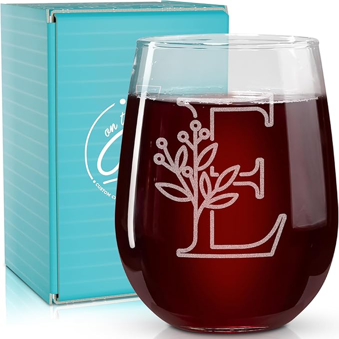 On The Rox Drinks Monogrammed Gifts For Women and Men - Letter A-Z Initial Engraved Monogram Stemless Wine Glass - 17 Oz Personalized Wine Gifts For Women and Men (E)