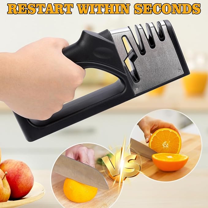 4-in-1Manual Knife Sharpener Suitable for kitchen knives, fruit knives, steel knives, scissors, and 3-level precision sharpening.Non slip base, suitable for home use (black)