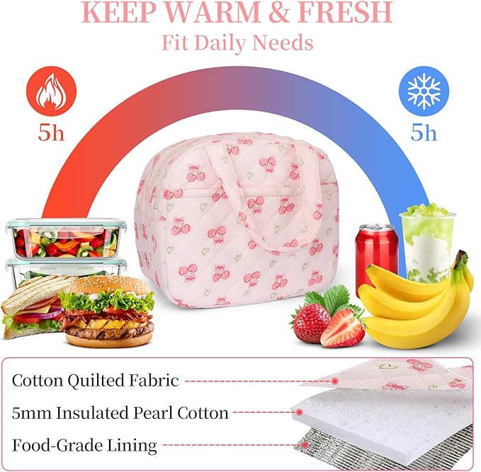 Quilted Lunch Box for Women,Lunch Box for Teen Girls,Cute Pink Cherry Lunch Bags for Work, School,Office,Picnic,Travel (cherry heart)