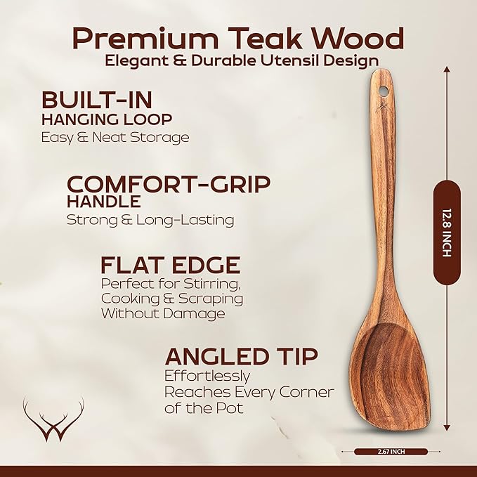 12 Inch Long Handle Teak Wooden Spoon for Cooking With Curved Corner for Complete Mixing - Comes with Large Teak Spoon Rest - This Wooden Spoons for Cooking made of Premium Natural Teak Wood