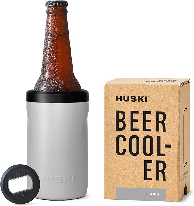 Huski Beer Cooler 2.0 | NEW | Premium Can and Bottle Holder | Triple Insulated Marine Grade Stainless Steel | Detachable 3-in-1 Opener | Works as a Tumbler | Best Gifts for Beer Lovers (Stone Grey)