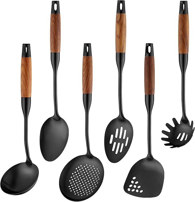 Stainless Steel Kitchen Utensils Set with Wood Handle, 18/10 Metal Cooking Utensils Set, 6-Piece - Spatula, Spoon, Ladle, Skimmer, Slotted Spoon, Pasta