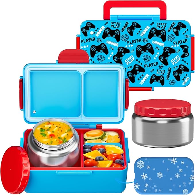 Kids Bento Lunch Box – 12 oz Stainless‑Steel Soup Thermo & 3‑Compartment Leak‑Proof Food Container with Built‑In Ice Pack, Insulated Food Jar for Boys & Girls, School & Travel