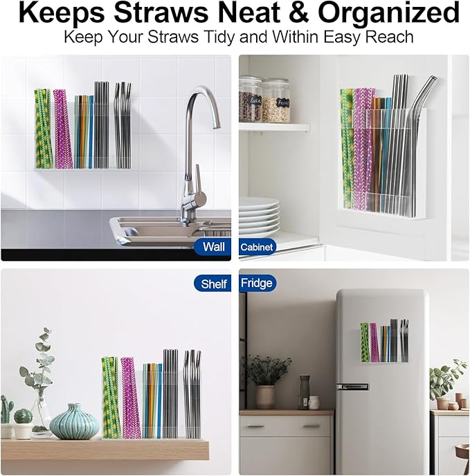Upgraded Acrylic Straw Holder for Cabinet Door, Fridge & Countertop–Magnetic/Adhesive Dual Mount, Strong Hold, Space-Saving Straw Organizer with Adhesive Tape, Magnetic Sheet