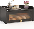 Vintage Bread Box for Kitchen Countertop Large Farmhouse Bread Storage Container under Cabinet Mount Bamboo Breadbox Organizer with Window for Homemade Bread (Black)