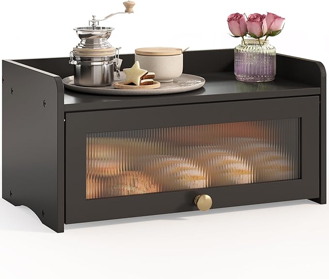 Vintage Bread Box for Kitchen Countertop Large Farmhouse Bread Storage Container under Cabinet Mount Bamboo Breadbox Organizer with Window for Homemade Bread (Black)