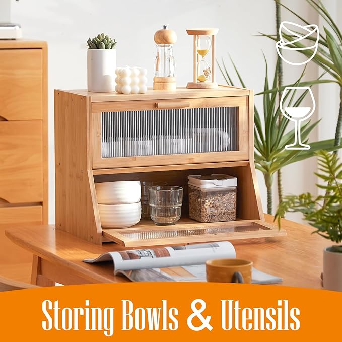 GHWIE Double Layer Bamboo Bread Box for Kitchen Counter,Large Capacity Bread Storage Bin,Bread Container with Acrylic Wavy Door Panel (Natural, Medium)