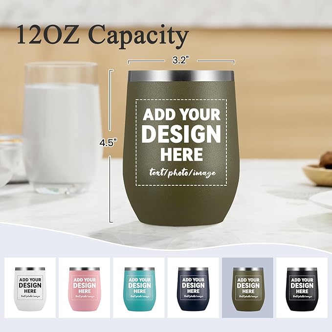MEWAY Personalized Custom 12oz Wine Tumbler with Lid, Insulated Double Wall Vacuum Travel Tumbler Gifts with Text Photo Logo (Army green, 1pack)