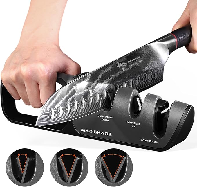 MAD SHARK Knife Sharpener, 6 Adjustable Sharpening Angle, Coarse & Fine Knife Sharpener Tool, Handheld Manual Knives Sharpener for Precision Kitchen Knives, Pocket, Scissors, Black